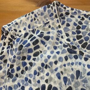 Christina B airy, lightweight, sleeveless summer top white, blue, black. Opaque.
